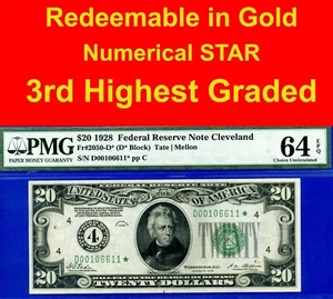 1928 $20 Federal Reserve Note PMG 64EPQ rare wanted Cleveland star Fr 2050-D* - Picture 1 of 5