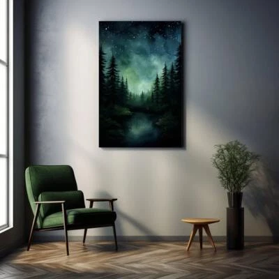 Starry Night Dark Forest Reflections Lake Wall Art Canvas Unframed Print Art - Image 1 of 3