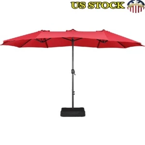 15ft Patio Parasol Triple-size Umbrella Crank Heavy Duty W/ Base Sandbags New - Picture 1 of 9