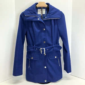 Guess Womens Royal Blue Wool Blend Belted Zip Mid Length Coat Size XS - Picture 1 of 12