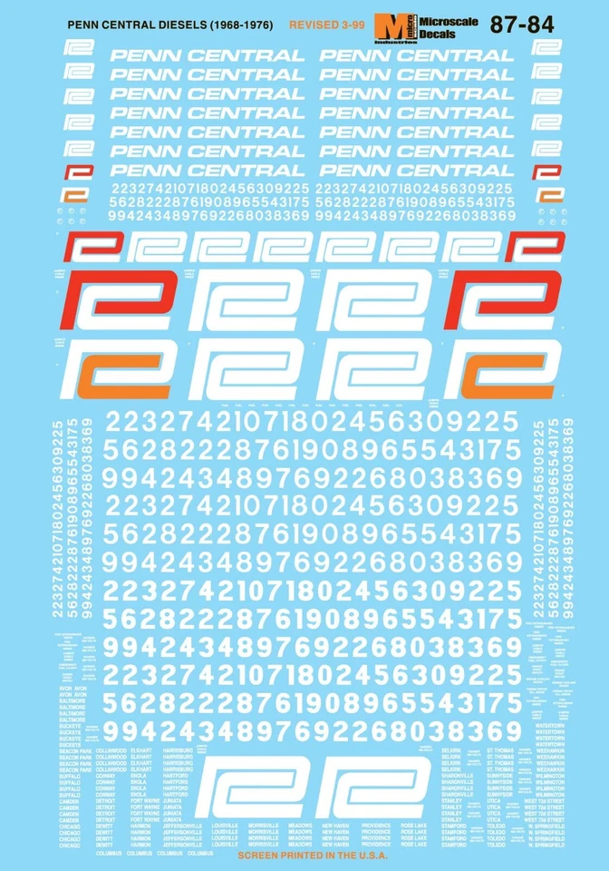 Microscale 87-84 HO Penn Central PC Diesel Logo Numbers Locomotive Decals - Image 1 of 1
