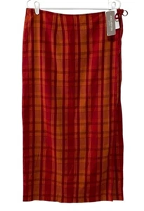 NUEVO CON ETIQUETAS Jones New York Falda Midi Envolvente Mujer 16 Rojo Cuadros Corbata Botón 100% Algodón - Imagen 1 de 15
