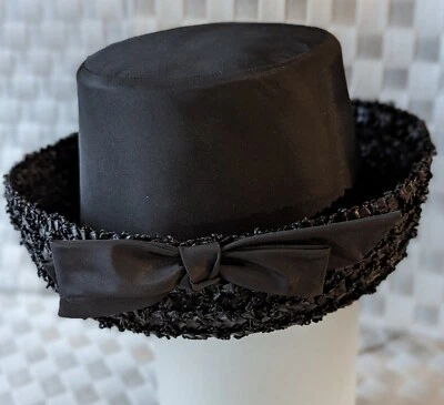 Elegant vintage black cellophane straw Jackie O pillbox cloche Mr John B Altman - Image 1 of 4