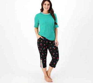 Cuddl Duds Smart Comfort Short Sleeve Tee & Cropped Pant Green Love M A376233 - Bild 1 von 4