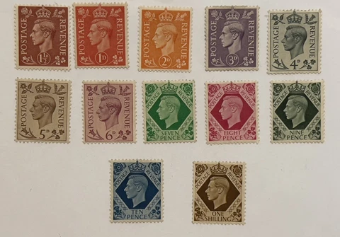 EARLY LOT OF 12 DIFFERENT MINT MH BRITAIN KING GEORGE VI STAMPS 1/2d-1 SHILLING Cover