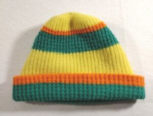 Vintage Childs Ski Cap Beanie Winter Hat Knit 1970s 80's Kids Retro Yellow Green