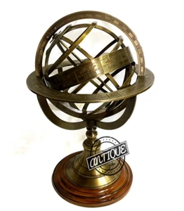 Antique Armillary Globe Sphere Brass Desktop Wooden Base Vintage Gifts Astrolabe - Picture 1 of 5