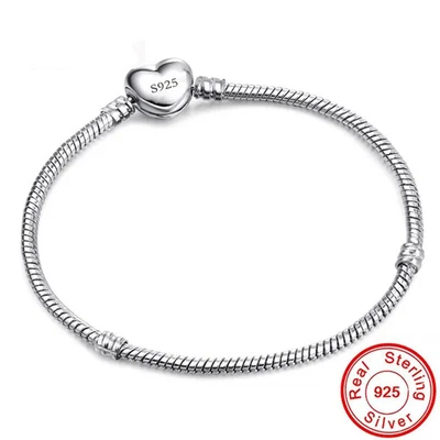 925 Sterling Silver Heart Chain Bracelet Women Smooth Round Link Metal Jewelry - Image 1 of 4