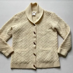 Talbots Sweater Womens M Cream Wool Shawl Collar Fisherman Toggle Herringbone 3D - Picture 1 of 9