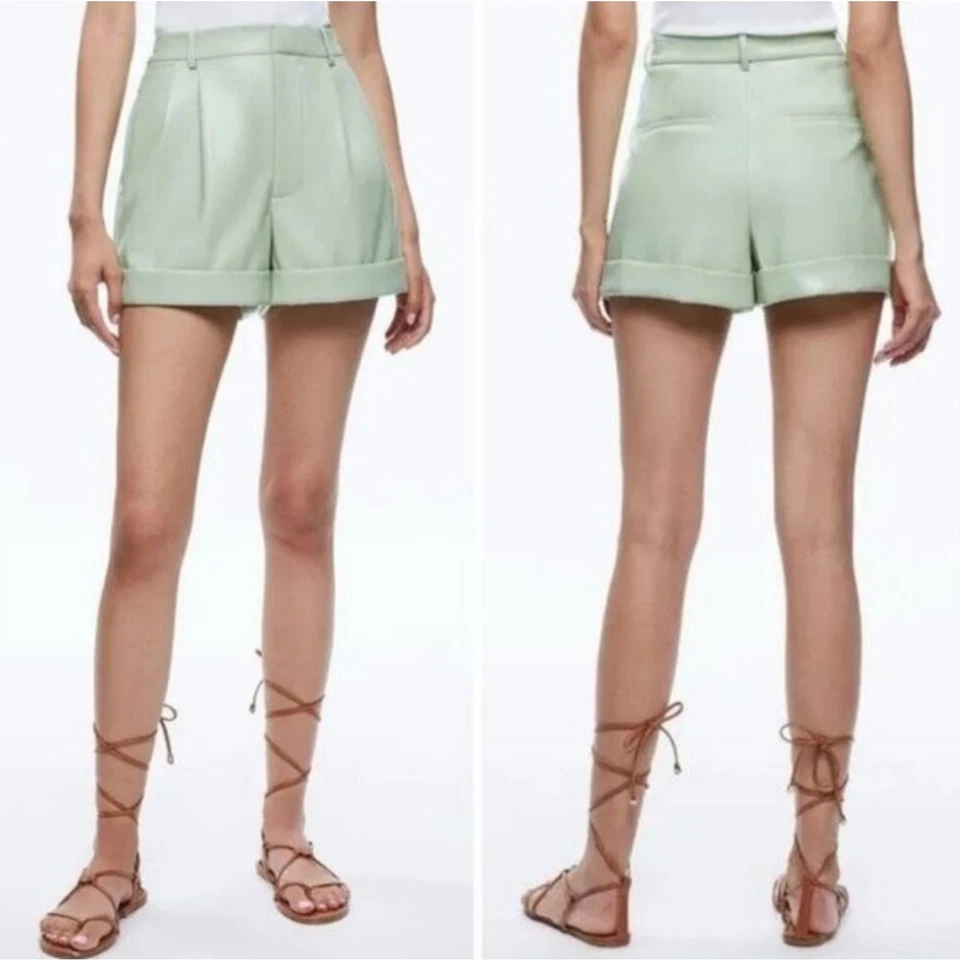 Alice + Olivia Conry 皮革打褶短裤鼠尾草绿色袖口尺寸 US 12 全新 — 第 1/4 张图片