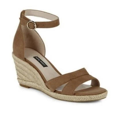 Sandálias femininas Nine West Jeranna 10 camurça marrom tornozelo alça espadrille wedge  - Imagem 1 de 4