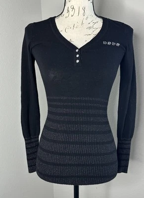 Bebe Black Long sleeve Sweater. Shimmer Waist/sleeves. Rhinestone Buttons. Small - Image 1 of 3