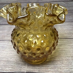 Fenton Art Vetro Ambra Piano Cottura 4,5x5” Arruffato Top Vaso Ciotola Vintage - Foto 1 di 8