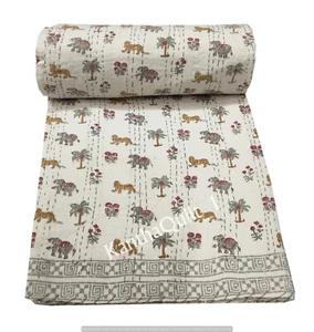 Colcha Kantha de algodón indio con estampado de bloques hecha a mano edredón manta - Imagen 1 de 6