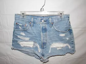 Levi's 501 Women's Ripped Hi Waisted Blue Denim Jean Cut Off Shorts Size 28 - Picture 1 of 3