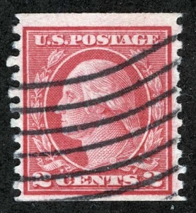 US Sc 453 Carmine Rose 2¢ 1914 Ty I p.10 Coil Sngl SLWm Wavy Line Cancel - Bild 1 von 1