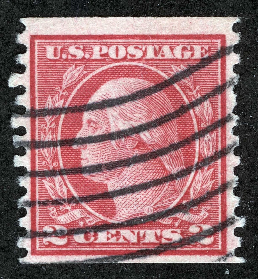 US Sc 453 Carmine Rose 2¢ 1914 Ty I p.10 Coil Sngl SLWm Wavy Line Cancel - Image 1 of 1