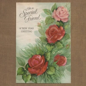 Tarjeta de felicitación de año nuevo sello vintage sin usar PARA UN AMIGO ESPECIAL, rosas rojas - Imagen 1 de 6