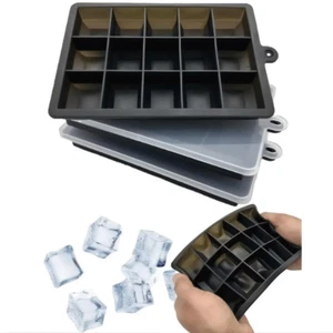 3PCS Ice Cube Mould Set, Silicone Ice Cube Trays, 15 Square Cube Tray With Lid - Picture 1 of 7
