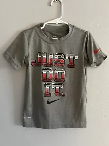 Nike Dri-Fit Boys Gray/Red/Black Short Sleeve Athletic T-Shirt “Just Do It” Sz 5 - Picture 1 of 7