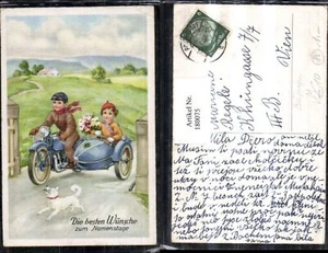 180075,Namenstag Kinder auf Motorrad m. Beiwagen Blumenstrauß Blumen Hund - Picture 1 of 1