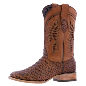 Mens Cognac Cowboy Boots Snake Pattern Leather Western Dress Square Toe - Picture 1 of 5