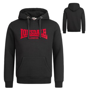 Lonsdale Black Hoodie Classic Flock Print Hooded Sweatshirt Slim-Fit Hoodie