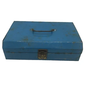 Vintage Metall türkis blau Werkzeug Tackle Taschenlampe Aufrichter Box Koffer mit Griff 7" x 11" - Bild 1 von 12