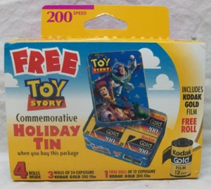 Toy Story Holiday Tin 1996 nuevo y sellado con 4 rollos de película Kodak Gold 200 nuevo en caja - Imagen 1 de 3