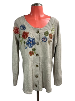 Denim & Co Suéter Bordado Floral Botón M Boho Foto 1 de 4