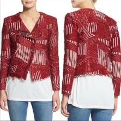 Women's IRO Mepsie Red & Woven Boucle Asymmetrical Zip Moto Jacket Sz 42 - Image 1 of 4