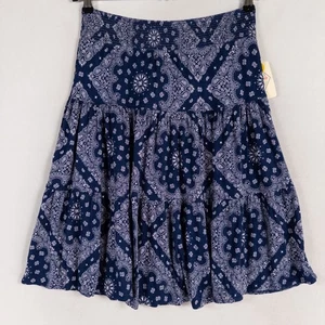 St John's Bay Skirt Womens Small PETITE Blue Geometric Print Stretch Knit Tiered - Picture 1 of 9