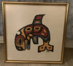 Vintage Indigenous Framed Whale Needlepoint Tapestry design 36 X 36 cm - Picture 1 of 5