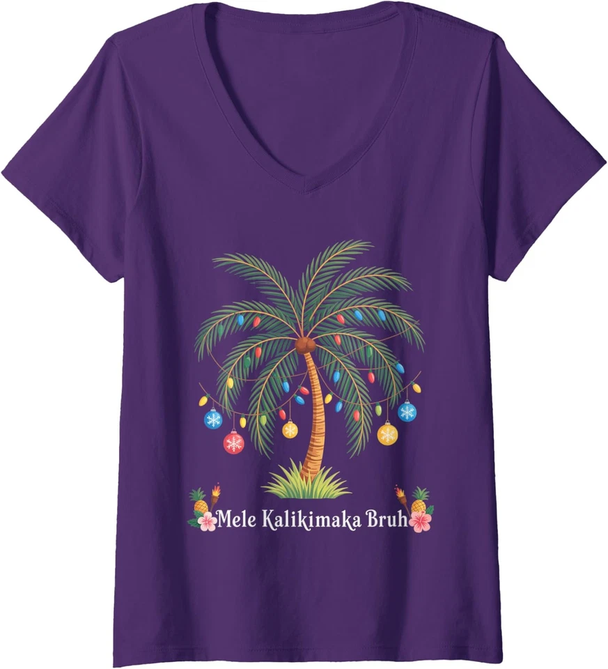 Mele Kalikimaka Tropical Christmas Hawaiian Xmas Ladies' V-Neck Tshirt - Image 1 of 1