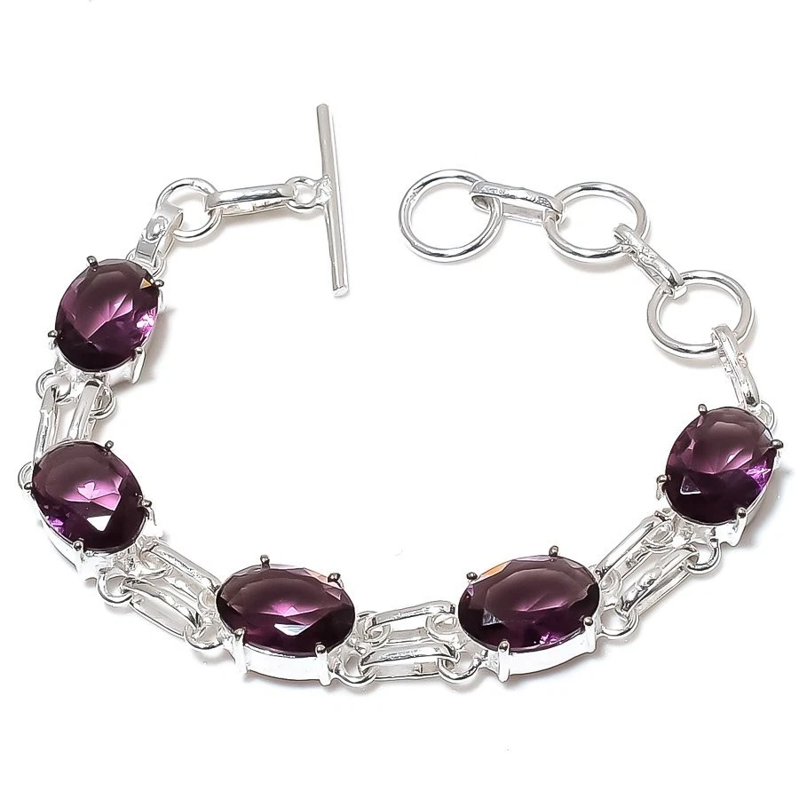 Purple Amethyst Gemstone Handmade 925 Sterling Silver Jewelry Bracelet Size 7-8" - Image 1 of 1