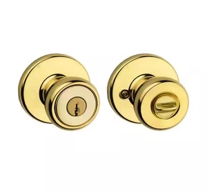 Kwikset Polished Brass Tylo keyed Entry Knob round door handle lock SET OF TWO - Picture 1 of 7