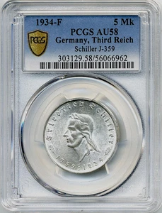 1934-F 5 Marks Germany Third Reich, Friedrich Schiller - PCGS AU58 - Picture 1 of 2