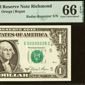 1981A $1 Federal Reserve Note PMG 66EPQ - Radar Repeater Serial Number 02200220 - Picture 1 of 3
