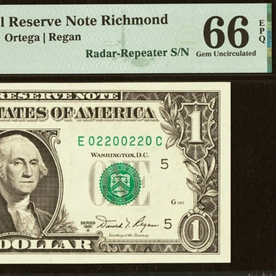 1981A $1 Federal Reserve Note PMG 66EPQ - Radar Repeater Serial Number 02200220 - Image 1 of 3