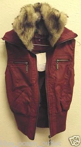 TRENDY FASHION PU LEATHER FAUX FUR COLLAR JUNIOR VEST JACKET COAT BURGUNDY BLOOD - Picture 1 of 6