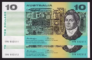Ten Dollar Banknote 1976 Knight Wheeler R306a Centre Thread consecutive pair UNC - Picture 1 of 2