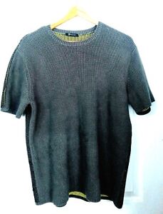 T Alexander Wang Mens Sweater M Short Sleeve Gray Lime Green Knit Imperfect
