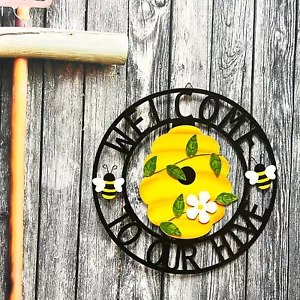 Welcome to Our Hive Metal Honey Bee Hanging Signs Wall Decor Front Door Wreath - Picture 1 of 8