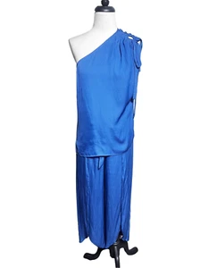 Halston Azul Seda Fluido Un Hombro Pantalón Conjunto Abertura Lateral Pantalones Tallas Pequeñas - Imagen 1 de 9