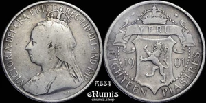CYPRUS, Victoria, 18 Piastres 1901, VF+ - Picture 1 of 4