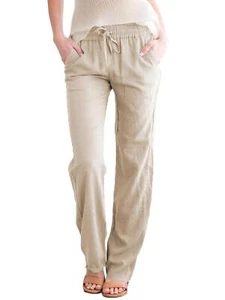Womens Casual Cotton Linen Pants Elastic Waist Straight Leg Solid Long Trouser - Picture 1 of 8