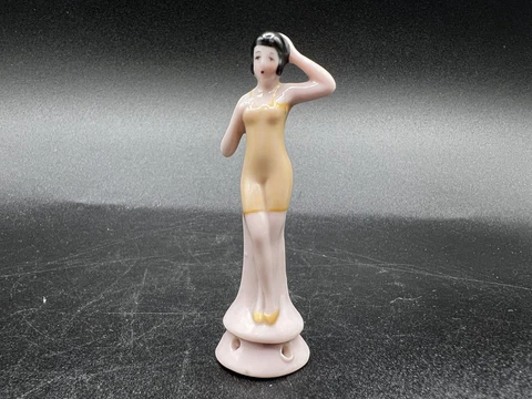 German Porcelain Pin Cushion Half Doll Bathing Beauty In Yellow Swimsuit Cover