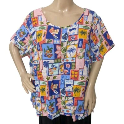 C&C California Linen Woven Boho Top Shirt Blouse Tunic Plus Size 1X Bird Parrot - Image 1 of 4