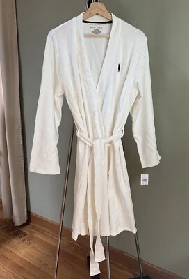 Bata de baño blanca para mujer Polo Ralph Lauren azul marino pony algodón talla grande D8 Foto 1 de 4