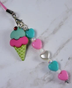 Corne de crème glacée coeur fait main téléphone portable breloque lanière sangle rose aqua blanc neuf - Photo 1 sur 4